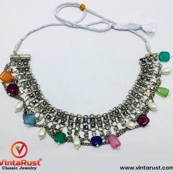 Multicolor Stones Choker Necklace, Silver Boho Choker With Pearls - Picture 2 of 9
